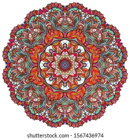 Mandala, tracery wheel mehndi design. Ethnic ornament, colorful doodle symmetry texture. Folk traditional spiritual tribal design. Curved shape, isolated on white. Color art. Vector