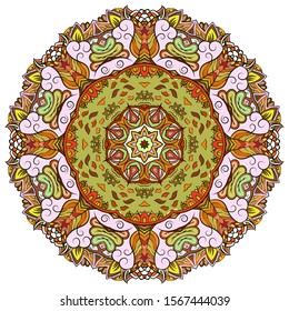 Mandala, tracery wheel mehndi design. Ethnic ornament, colorful doodle symmetry texture. Folk traditional spiritual tribal design. Curved shape, isolated on white. Color art. Vector