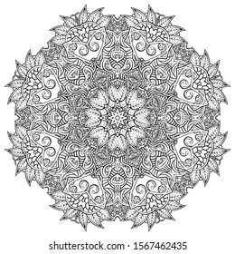 Mandala, tracery wheel mehndi design. Ethnic ornament, doodle symmetry texture. Folk traditional spiritual tribal design. Curved shape, isolated on white. Binary monochrome black and white art. Vector