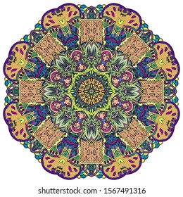 Mandala, tracery wheel mehndi design. Ethnic ornament, colorful doodle symmetry texture. Folk traditional spiritual tribal design. Curved shape, isolated on white. Color art. Vector