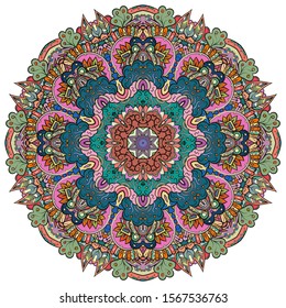 Mandala, tracery wheel mehndi design. Ethnic ornament, colorful doodle symmetry texture. Folk traditional spiritual tribal design. Curved shape, isolated on white. Color art. Vector