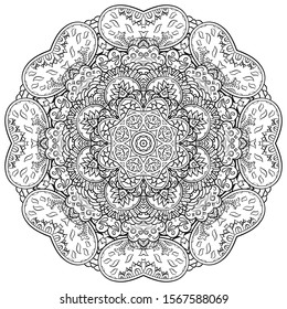 Mandala, tracery wheel mehndi design. Ethnic ornament, doodle symmetry texture. Folk traditional spiritual tribal design. Curved shape, isolated on white. Binary monochrome black and white art. Vector