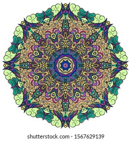 Mandala, tracery wheel mehndi design. Ethnic ornament, colorful doodle symmetry texture. Folk traditional spiritual tribal design. Curved shape, isolated on white. Color art. Vector