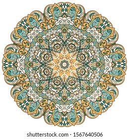 Mandala, tracery wheel mehndi design. Ethnic ornament, colorful doodle symmetry texture. Folk traditional spiritual tribal design. Curved shape, isolated on white. Color art. Vector