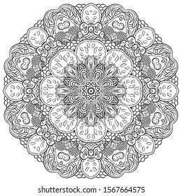 Mandala, tracery wheel mehndi design. Ethnic ornament, doodle symmetry texture. Folk traditional spiritual tribal design. Curved shape, isolated on white. Binary monochrome black and white art. Vector