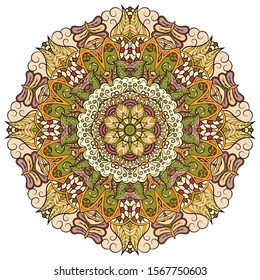 Mandala, tracery wheel mehndi design. Ethnic ornament, colorful doodle symmetry texture. Folk traditional spiritual tribal design. Curved shape, isolated on white. Color art. Vector