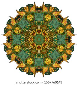 Mandala, tracery wheel mehndi design. Ethnic ornament, colorful doodle symmetry texture. Folk traditional spiritual tribal design. Curved shape, isolated on white. Color art. Vector