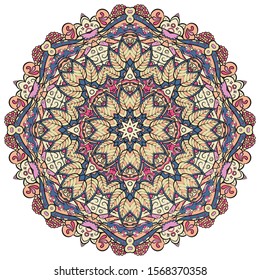 Mandala, tracery wheel mehndi design. Ethnic ornament, colorful doodle symmetry texture. Folk traditional spiritual tribal design. Curved shape, isolated on white. Color art. Vector