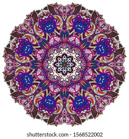 Mandala, tracery wheel mehndi design. Ethnic ornament, colorful doodle symmetry texture. Folk traditional spiritual tribal design. Curved shape, isolated on white. Color art. Vector