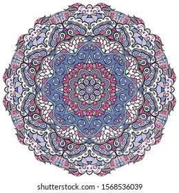 Mandala, tracery wheel mehndi design. Ethnic ornament, colorful doodle symmetry texture. Folk traditional spiritual tribal design. Curved shape, isolated on white. Color art. Vector