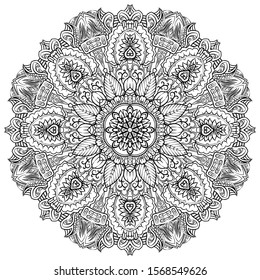 Mandala, tracery wheel mehndi design. Ethnic ornament, doodle symmetry texture. Folk traditional spiritual tribal design. Curved shape, isolated on white. Binary monochrome black and white art. Vector