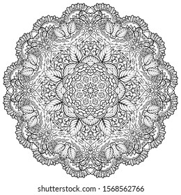 Mandala, tracery wheel mehndi design. Ethnic ornament, doodle symmetry texture. Folk traditional spiritual tribal design. Curved shape, isolated on white. Binary monochrome black and white art. Vector