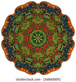 Mandala, tracery wheel mehndi design. Ethnic ornament, colorful doodle symmetry texture. Folk traditional spiritual tribal design. Curved shape, isolated on white. Color art. Vector