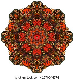 Mandala, tracery wheel mehndi design. Ethnic ornament, colorful doodle symmetry texture. Folk traditional spiritual tribal design. Curved shape, isolated on white. Color art. Vector