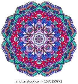 Mandala, tracery wheel mehndi design. Ethnic ornament, colorful doodle symmetry texture. Folk traditional spiritual tribal design. Curved shape, isolated on white. Color art. Vector