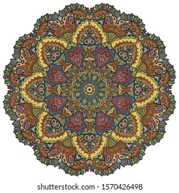 Mandala, tracery wheel mehndi design. Ethnic ornament, colorful doodle symmetry texture. Folk traditional spiritual tribal design. Curved shape, isolated on white. Color art. Vector