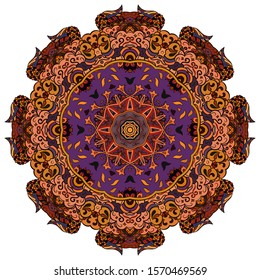 Mandala, tracery wheel mehndi design. Ethnic ornament, colorful doodle symmetry texture. Folk traditional spiritual tribal design. Curved shape, isolated on white. Color art. Vector