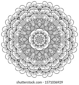 Mandala, tracery wheel mehndi design. Ethnic ornament, doodle symmetry texture. Folk traditional spiritual tribal design. Curved shape, isolated on white. Binary monochrome black and white art. Vector