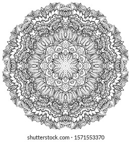 Mandala, tracery wheel mehndi design. Ethnic ornament, doodle symmetry texture. Folk traditional spiritual tribal design. Curved shape, isolated on white. Binary monochrome black and white art. Vector