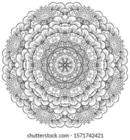 Mandala, tracery wheel mehndi design. Ethnic ornament, doodle symmetry texture. Folk traditional spiritual tribal design. Curved shape, isolated on white. Binary monochrome black and white art. Vector