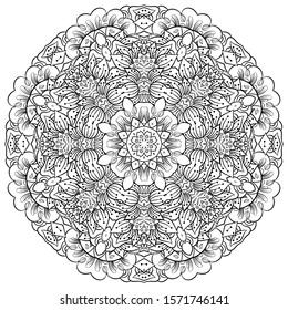 Mandala, tracery wheel mehndi design. Ethnic ornament, doodle symmetry texture. Folk traditional spiritual tribal design. Curved shape, isolated on white. Binary monochrome black and white art. Vector