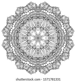 Mandala, tracery wheel mehndi design. Ethnic ornament, doodle symmetry texture. Folk traditional spiritual tribal design. Curved shape, isolated on white. Binary monochrome black and white art. Vector