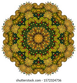 Mandala, tracery wheel mehndi design. Ethnic ornament, colorful doodle symmetry texture. Folk traditional spiritual tribal design. Curved shape, isolated on white. Color art. Vector