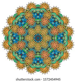 Mandala, tracery wheel mehndi design. Ethnic ornament, colorful doodle symmetry texture. Folk traditional spiritual tribal design. Curved shape, isolated on white. Color art. Vector