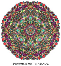 Mandala, tracery wheel mehndi design. Ethnic ornament, colorful doodle symmetry texture. Folk traditional spiritual tribal design. Curved shape, isolated on white. Color art. Vector