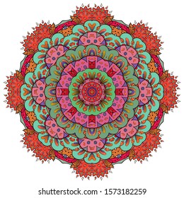 Mandala, tracery wheel mehndi design. Ethnic ornament, colorful doodle symmetry texture. Folk traditional spiritual tribal design. Curved shape, isolated on white. Color art. Vector