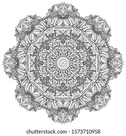 Mandala, tracery wheel mehndi design. Ethnic ornament, doodle symmetry texture. Folk traditional spiritual tribal design. Curved shape, isolated on white. Binary monochrome black and white art. Vector