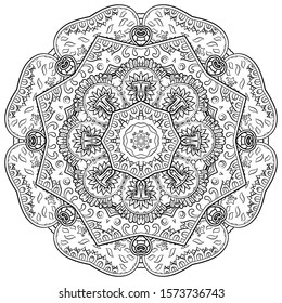 Mandala, tracery wheel mehndi design. Ethnic ornament, doodle symmetry texture. Folk traditional spiritual tribal design. Curved shape, isolated on white. Binary monochrome black and white art. Vector