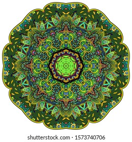 Mandala, tracery wheel mehndi design. Ethnic ornament, colorful doodle symmetry texture. Folk traditional spiritual tribal design. Curved shape, isolated on white. Color art. Vector