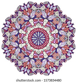 Mandala, tracery wheel mehndi design. Ethnic ornament, colorful doodle symmetry texture. Folk traditional spiritual tribal design. Curved shape, isolated on white. Color art. Vector