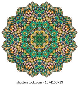 Mandala, tracery wheel mehndi design. Ethnic ornament, colorful doodle symmetry texture. Folk traditional spiritual tribal design. Curved shape, isolated on white. Color art. Vector