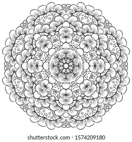Mandala, tracery wheel mehndi design. Ethnic ornament, doodle symmetry texture. Folk traditional spiritual tribal design. Curved shape, isolated on white. Binary monochrome black and white art. Vector
