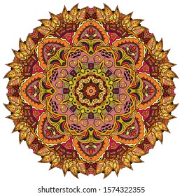 Mandala, tracery wheel mehndi design. Ethnic ornament, colorful doodle symmetry texture. Folk traditional spiritual tribal design. Curved shape, isolated on white. Color art. Vector