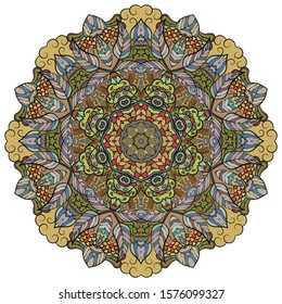 Mandala, tracery wheel mehndi design. Ethnic ornament, colorful doodle symmetry texture. Folk traditional spiritual tribal design. Curved shape, isolated on white. Color art. Vector