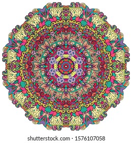 Mandala, tracery wheel mehndi design. Ethnic ornament, colorful doodle symmetry texture. Folk traditional spiritual tribal design. Curved shape, isolated on white. Color art. Vector