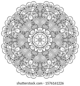 Mandala, tracery wheel mehndi design. Ethnic ornament, doodle symmetry texture. Folk traditional spiritual tribal design. Curved shape, isolated on white. Binary monochrome black and white art. Vector