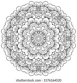 Mandala, tracery wheel mehndi design. Ethnic ornament, doodle symmetry texture. Folk traditional spiritual tribal design. Curved shape, isolated on white. Binary monochrome black and white art. Vector