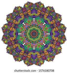 Mandala, tracery wheel mehndi design. Ethnic ornament, colorful doodle symmetry texture. Folk traditional spiritual tribal design. Curved shape, isolated on white. Color art. Vector
