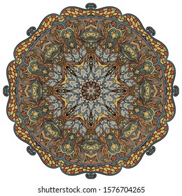 Mandala, tracery wheel mehndi design. Ethnic ornament, colorful doodle symmetry texture. Folk traditional spiritual tribal design. Curved shape, isolated on white. Color art. Vector