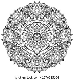 Mandala, tracery wheel mehndi design. Ethnic ornament, doodle symmetry texture. Folk traditional spiritual tribal design. Curved shape, isolated on white. Binary monochrome black and white art. Vector