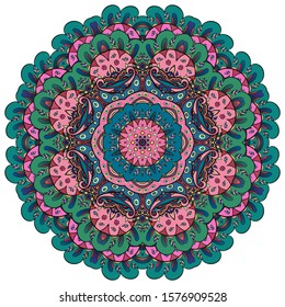 Mandala, tracery wheel mehndi design. Ethnic ornament, colorful doodle symmetry texture. Folk traditional spiritual tribal design. Curved shape, isolated on white. Color art. Vector