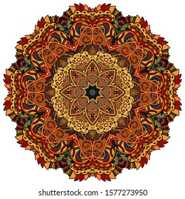 Mandala, tracery wheel mehndi design. Ethnic ornament, colorful doodle symmetry texture. Folk traditional spiritual tribal design. Curved shape, isolated on white. Color art. Vector