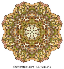 Mandala, tracery wheel mehndi design. Ethnic ornament, colorful doodle symmetry texture. Folk traditional spiritual tribal design. Curved shape, isolated on white. Color art. Vector