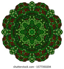 Mandala, tracery wheel mehndi design. Ethnic ornament, colorful doodle symmetry texture. Folk traditional spiritual tribal design. Curved shape, isolated on white. Color art. Vector