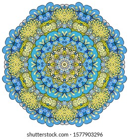 Mandala, tracery wheel mehndi design. Ethnic ornament, colorful doodle symmetry texture. Folk traditional spiritual tribal design. Curved shape, isolated on white. Color art. Vector