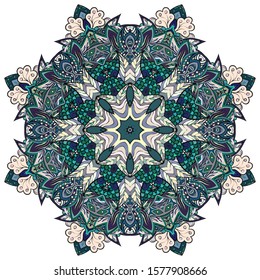 Mandala, tracery wheel mehndi design. Ethnic ornament, colorful doodle symmetry texture. Folk traditional spiritual tribal design. Curved shape, isolated on white. Color art. Vector